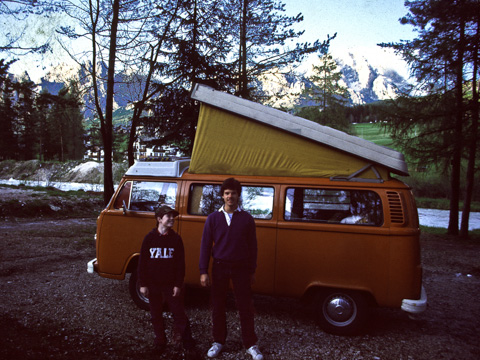 Our hippie-orange VW campervan took my family (the author, left age 12, his Uncle Marc, right age 19) everywhere in Europe. This campground is by a mountain stream high in the Italian Dolomites. (Photo by Frank Bramblett)