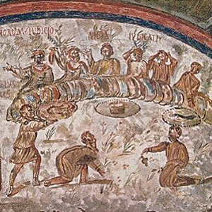 A Last Supper fresco in the Catacombs of St. Domitilla