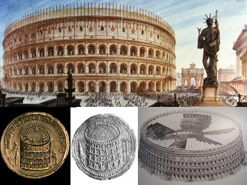 Images of the Colosseum showing the roof and the Colossus of Nero