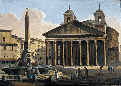 The Pantheon in 1794, complete with the ill-advised 'ass-ears of Bernini' towers, in a painting by Ferdinando Partini