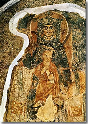 A fresco of the 6th century in the Lower Church, showing either a Madonna and Child or the Empress Theodora.