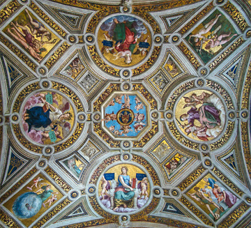 The ceiling in the Stanza della Segnatura in the Vatican, Rome