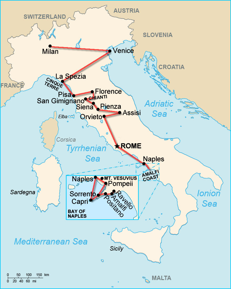A map of the sane two-week Italy itinerary: Tuscany edition