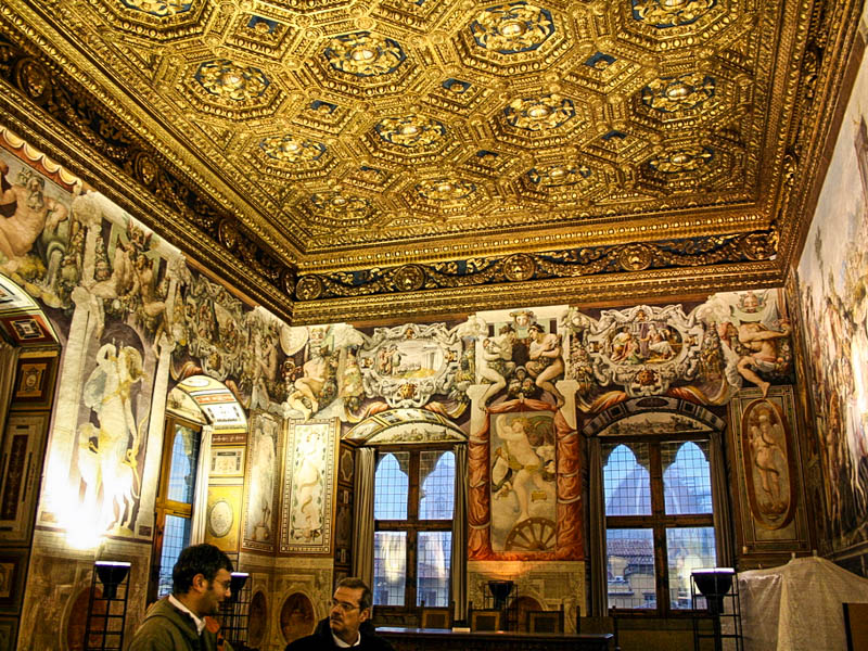 The Sala della Udienza (Audience Hall) in the Palazzo Vecchio, frescoed by Francesco Salviati (1543–45) under a 1470s ceiling, Florence. (Photo by Véronique Debord-Lazaro)