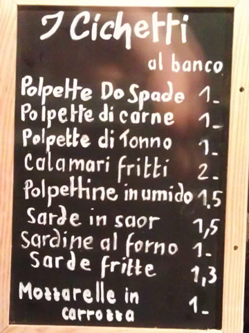 A cicchetti menu at Cantina Do Spade bacaro in Venice. (Photo by unamela004)