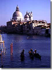 Gondolas on the Grand Canal of Venice.